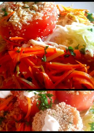 Una foto de Tomate rellenos de couz couz, con ensalada liviana...😉🍽🧂
