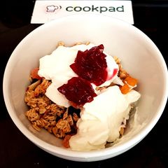 A picture of My Granola wth dried Papaya coconut, Mango also Greek yogurt. 😉.