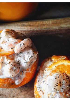 Une photo de Clémentines farcies aux crevettes, fromage frais, citron et aneth