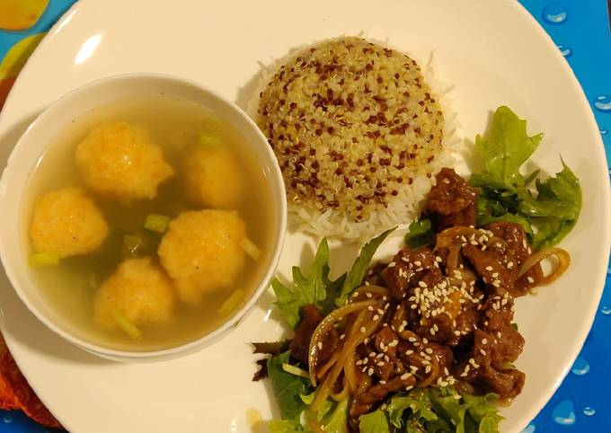 Ala hokben "daging sapi teriyaki, bakso udang Dan quinoa+nasi"