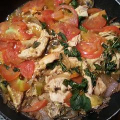 A picture of Stirfried Chicken with Vegetables.