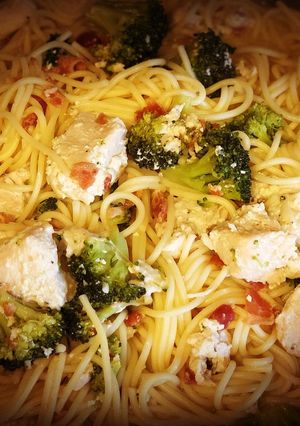 A picture of Chicken Bacon Broccoli Alfredo Pasta.