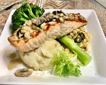 Update, Make Recipe Grilled salmon Topped with a mushroom Black olives White corn cream sauce Garlic Mashed potatoes Delicious Nutritious