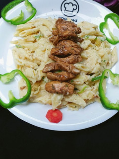 A picture of Alfredo pasta.