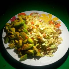 A picture of Cabbage,avacado with sausage.