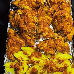 A picture of Steamed And Baked Chicken Roast With Potato 🥔 Wedges 😋.