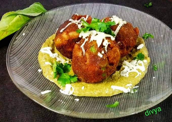 Pasta veg cheese balls in creamy palak sauce