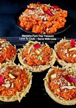 A picture of Gajar Halwa In Vermicelli Basket - Gajar Halwa In Seviyan Katori.