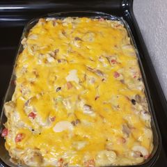 A picture of Chicken spaghetti with cheese.