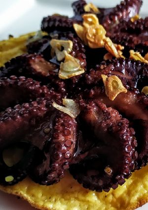 Una foto de Pulpo a la plancha sobre tortilla de🍤langostinos...!