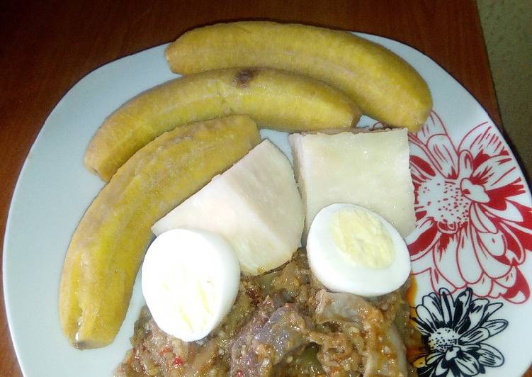 Garden egg sauce,unripe plantain and yam