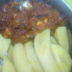 Boiled plantain and Garden egg sauce A picture of Boiled plantain and Garden egg sauce.