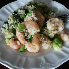 A picture of Quick recipe! Shrimp and brussels sprout risotto.