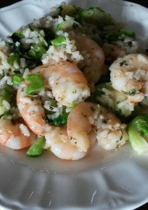 A picture of Quick recipe! Shrimp and brussels sprout risotto.