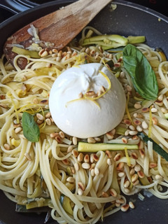 A picture of Linguine with Lemon, Zucchini, and Burrata.