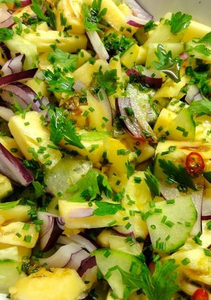 A picture of Pineapple, cucumber, red onion and chilli Salsa.