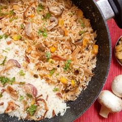 A picture of Mushroom Corn Milk Biryani.