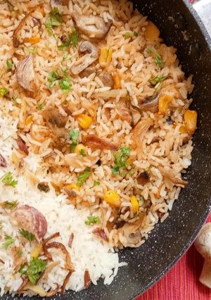 A picture of Mushroom Corn Milk Biryani.