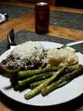Brad's red wine NY steaks with grilled asparagus
