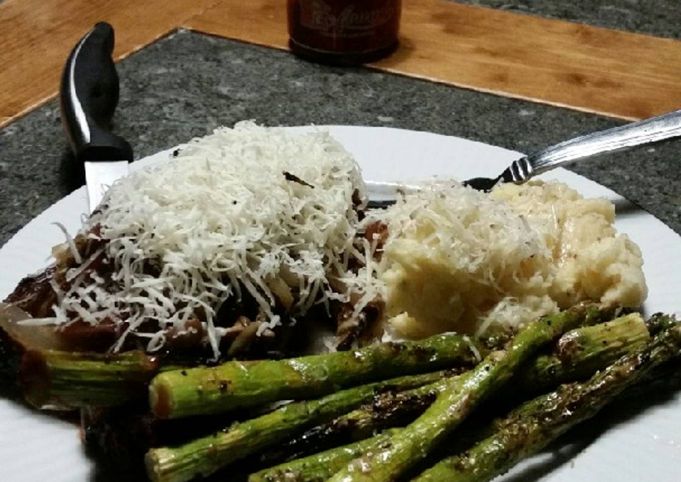 Brad's red wine NY steaks with grilled asparagus