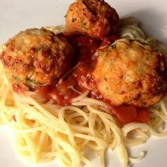 A picture of Chicken Meatballs with Garlic Spaghetti.