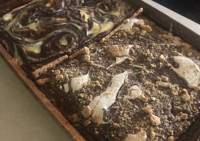 One pan S’mores and caramel cheesecake swirl brownies