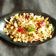Alasande motte palya. Cow pea and egg burji A picture of Alasande motte palya. Cow pea and egg burji.
