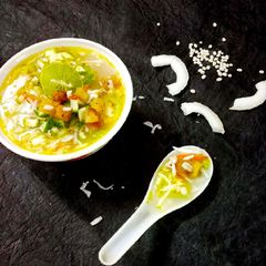 A picture of Tender Coconut milk Barley croutons soup.