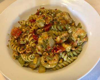 Easy Recipe Penne Pasta with Shrimps fire roasted red peppers sauted onions corn in Avacado Lime Pesto Sauce Delicious Perfect