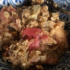 A picture of Rhubarb, pear and ginger crumble - vegan.