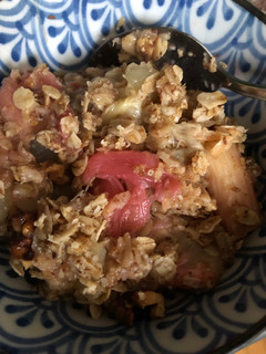A picture of Rhubarb, pear and ginger crumble - vegan.