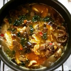 Banana Flower, Kale, and Chicken in Soto Soup A picture of Banana Flower, Kale, and Chicken in Soto Soup.