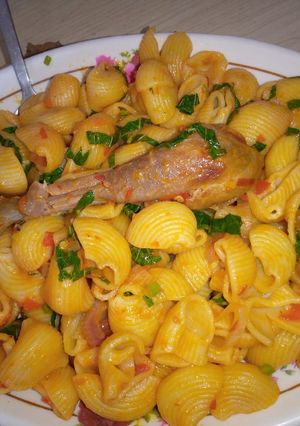 A picture of Fryn macaroni with chicken.