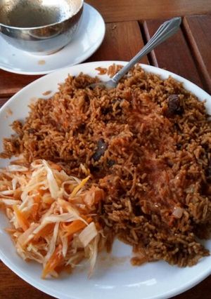 A picture of Pilau and Kachumbari.
