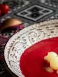 Beet Gazpacho with Melon Pearls