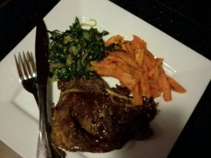 Easy Way Prepare Recipe T-bone steak,sweet potato chips and sauteed spinach with onions that is Perfect, Delicious}