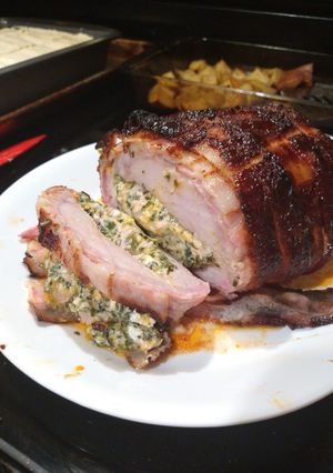 A picture of Smoked Bacon Wrapped Stuffed Pork Loin Roast.