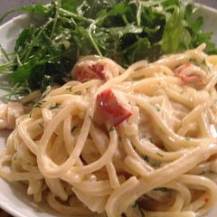 A picture of Lobster spaghetti with dill cream sauce.