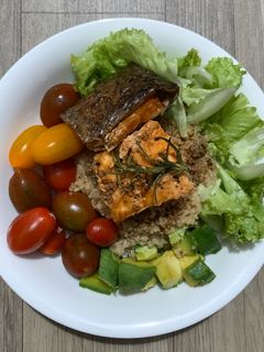 Hình của món Cá hồi sốt chanh + hạt diêm mạch: Giảm cân healthy + eatclean.
