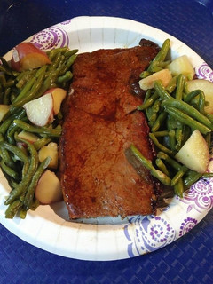 A picture of Top Round Steak with Green Beans and Potatoes.