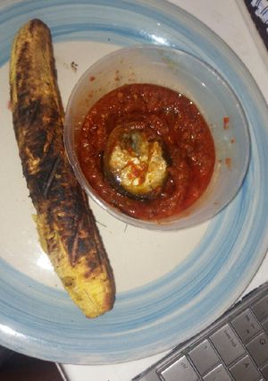 A picture of Grilled plantain with home made pepper sauce.
