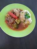 Pork Chops with Peppers and Broccoli in Tomato Sauce
