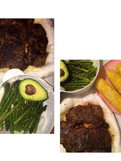 A picture of Tasteful steak & asparagus with avocado and corn 🤤.