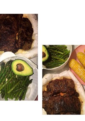 A picture of Tasteful steak & asparagus with avocado and corn 🤤.