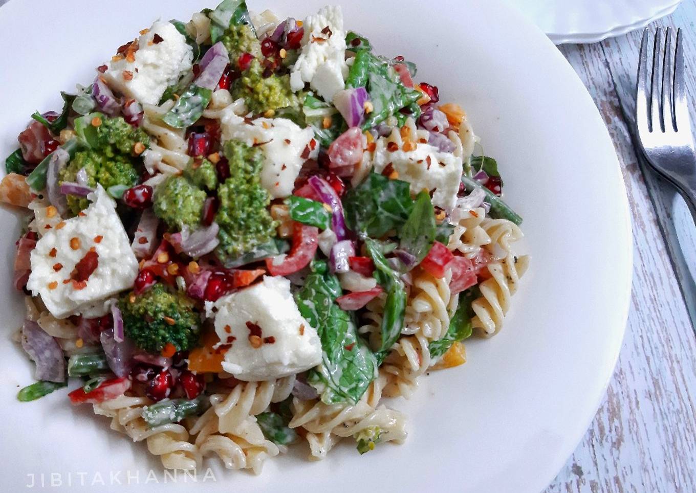 Healthy Pasta Mayo Salad with Veggies and Feta Cheese