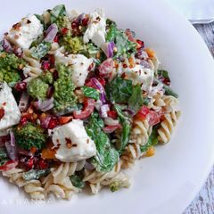 Healthy Pasta Mayo Salad with Veggies and Feta Cheese A picture of Healthy Pasta Mayo Salad with Veggies and Feta Cheese.