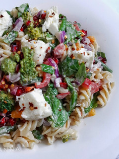 A picture of Healthy Pasta Mayo Salad with Veggies and Feta Cheese.