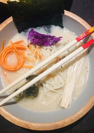 A picture of Vegan Ramen with soy milk and seasonal veg 🌱.