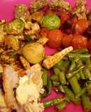 Loaded vegetables with sweet chilli chicken skewers. Airfryer