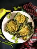 Lau Patay Kacha Kolar Paturi (Raw Banana steam cooked in Bottle Gourd Leaves - Bong style)